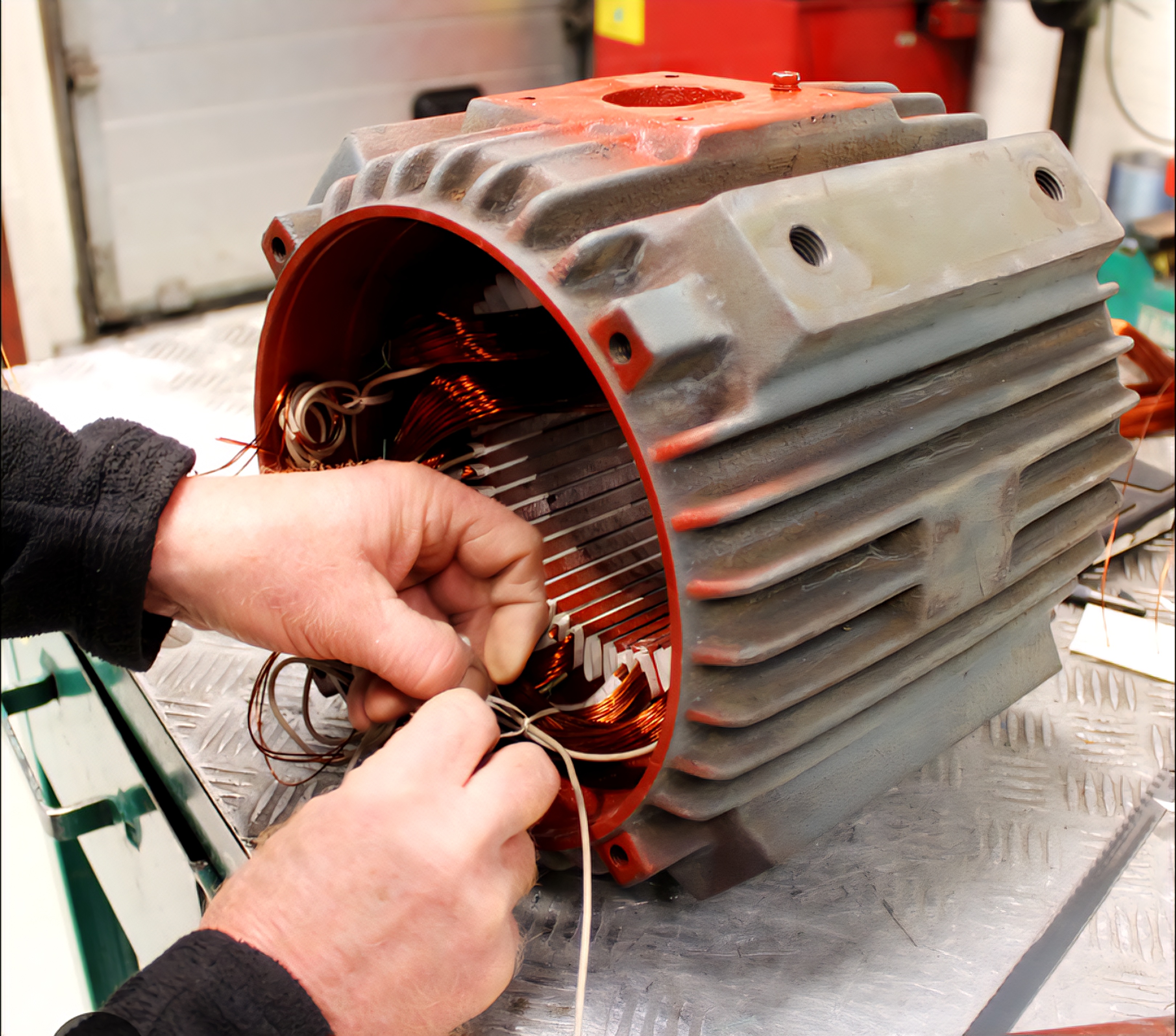 Technician installing copper windings in a motor stator