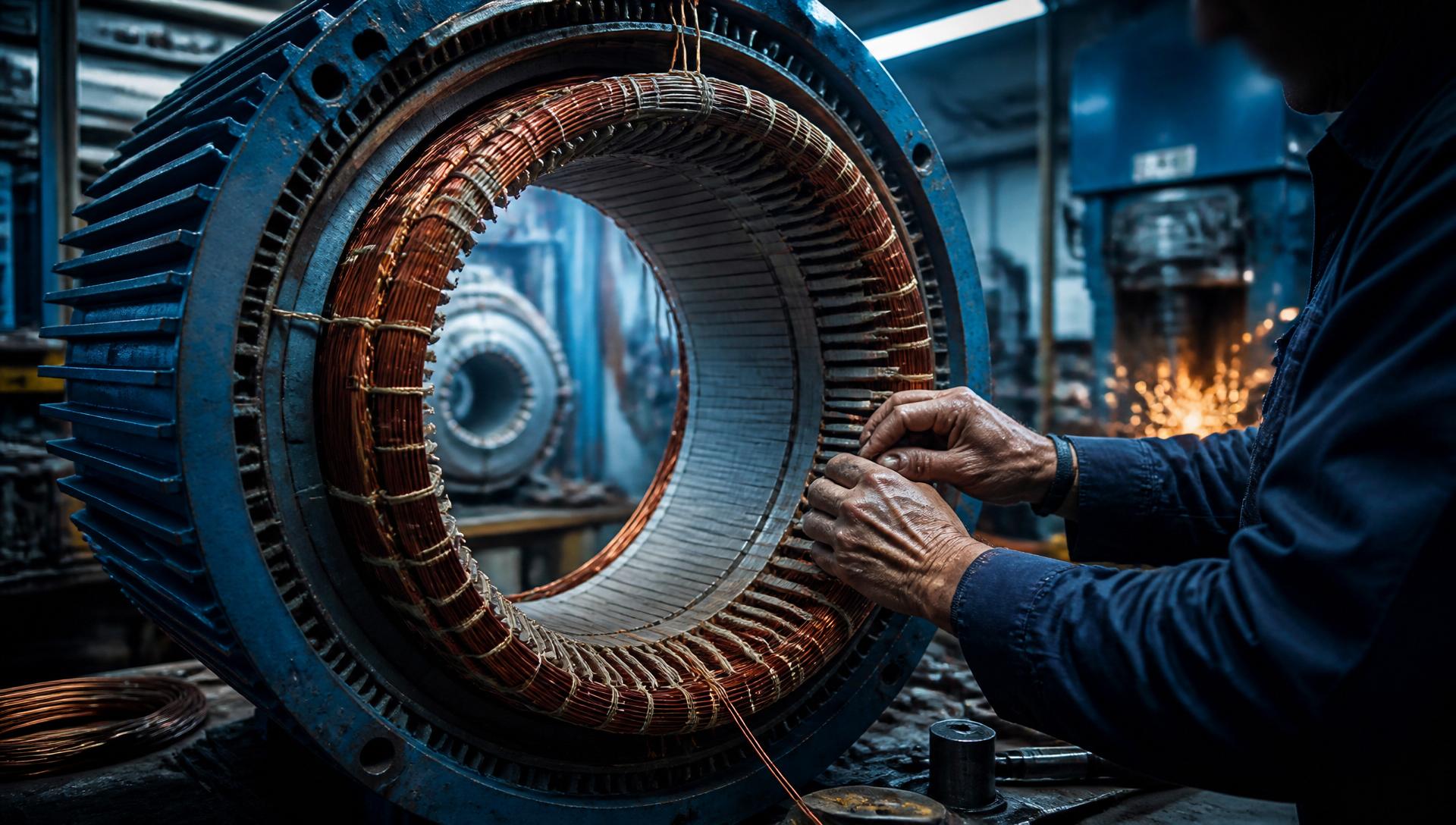 Technician rewinding an industrial electric motor stator